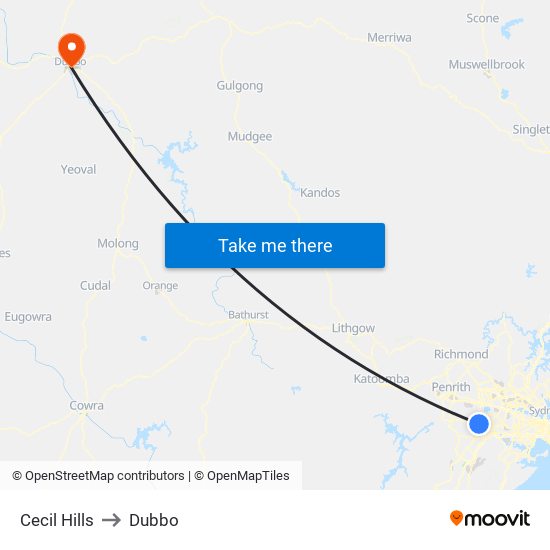 Cecil Hills to Dubbo map