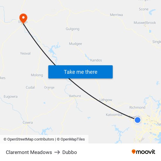 Claremont Meadows to Dubbo map