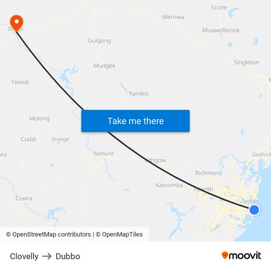 Clovelly to Dubbo map