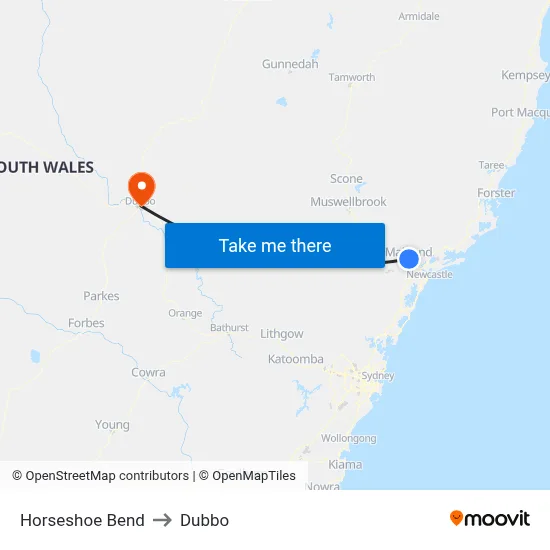 Horseshoe Bend to Dubbo map