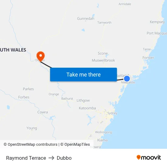 Raymond Terrace to Dubbo map