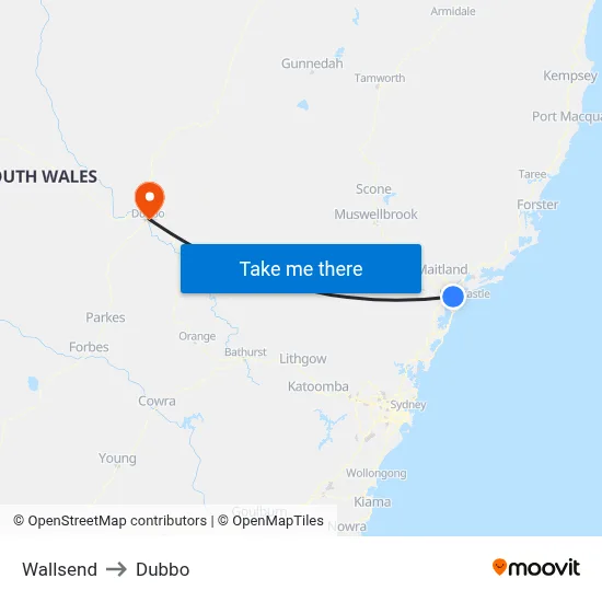 Wallsend to Dubbo map