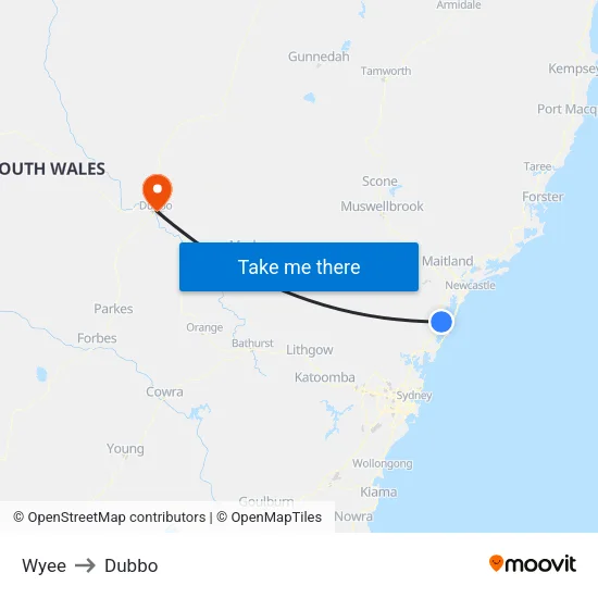 Wyee to Dubbo map