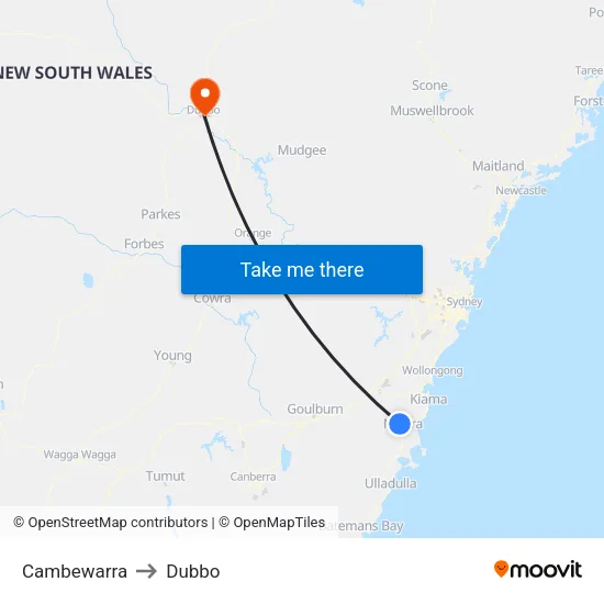 Cambewarra to Dubbo map
