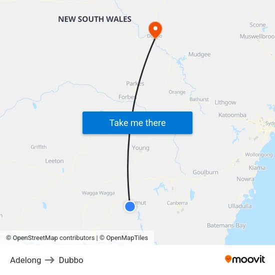 Adelong to Dubbo map