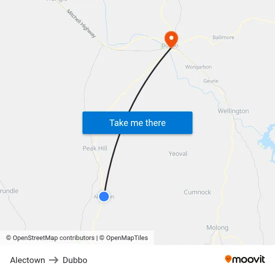Alectown to Dubbo map