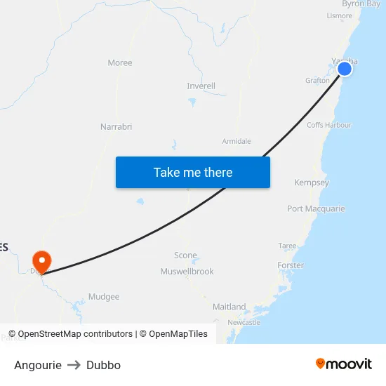 Angourie to Dubbo map