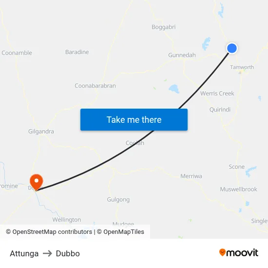Attunga to Dubbo map