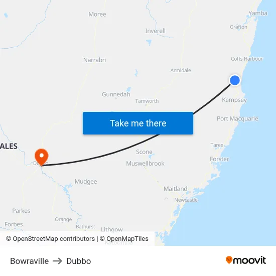 Bowraville to Dubbo map