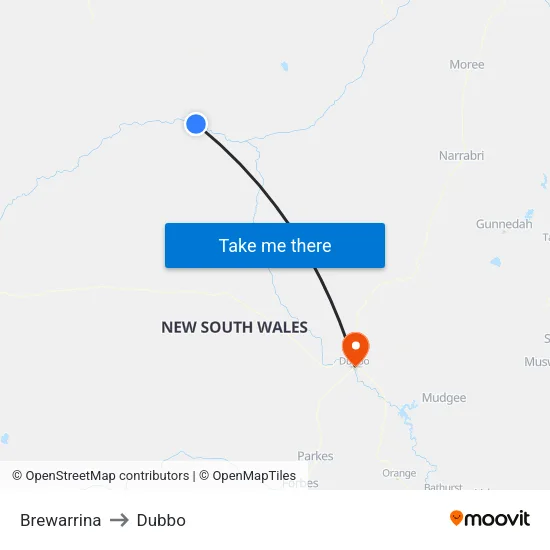 Brewarrina to Dubbo map