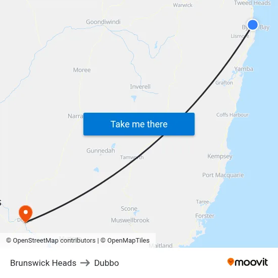Brunswick Heads to Dubbo map
