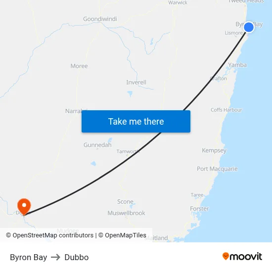Byron Bay to Dubbo map
