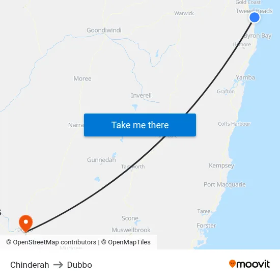 Chinderah to Dubbo map
