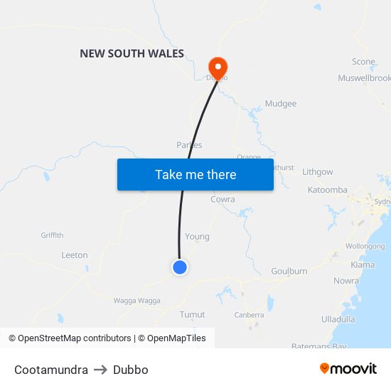 Cootamundra to Dubbo map