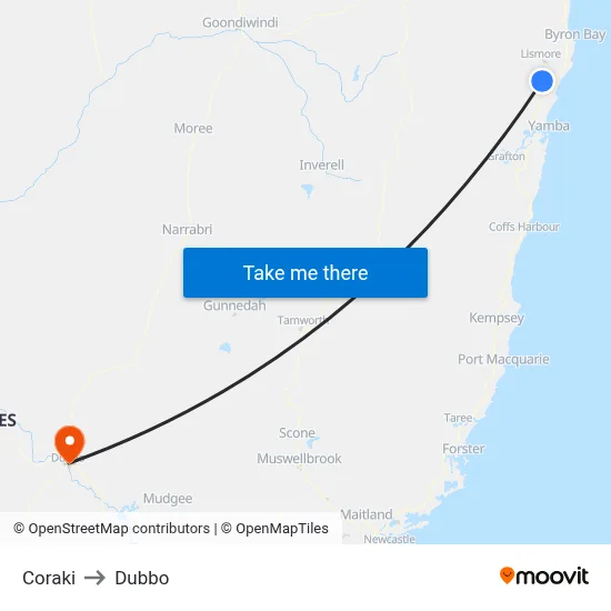 Coraki to Dubbo map