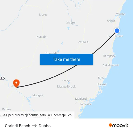 Corindi Beach to Dubbo map