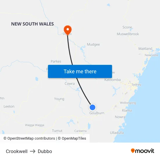 Crookwell to Dubbo map