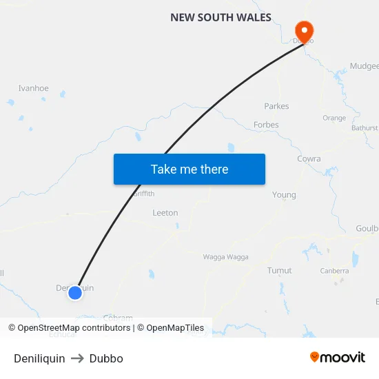 Deniliquin to Dubbo map