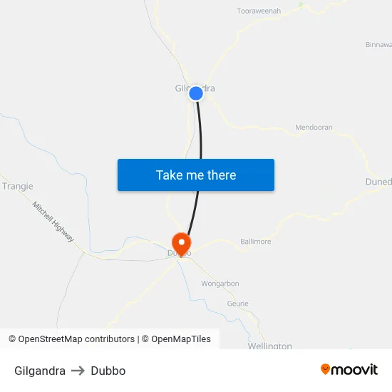 Gilgandra to Dubbo map