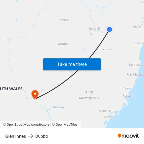 Glen Innes to Dubbo map