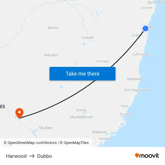 Harwood to Dubbo map