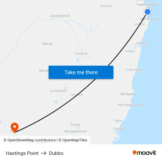 Hastings Point to Dubbo map
