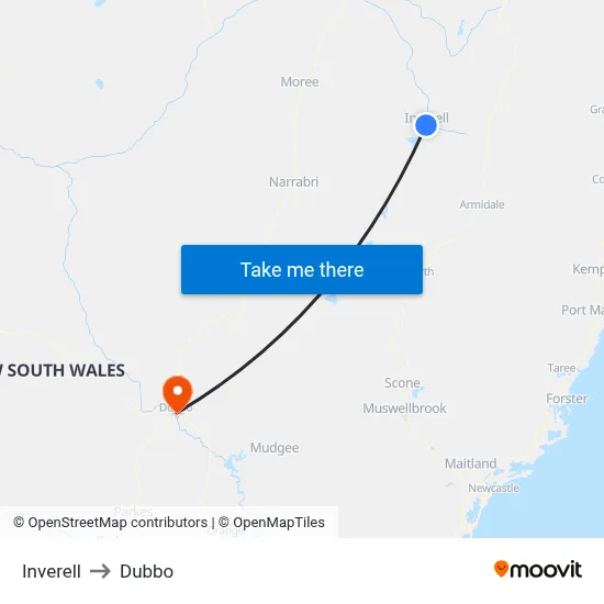 Inverell to Dubbo map