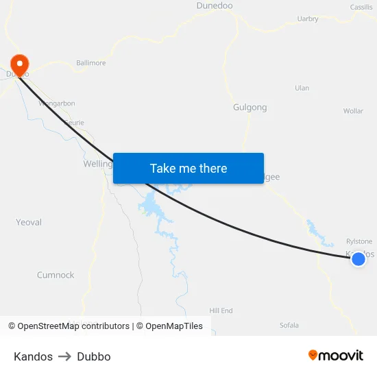 Kandos to Dubbo map