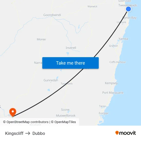 Kingscliff to Dubbo map