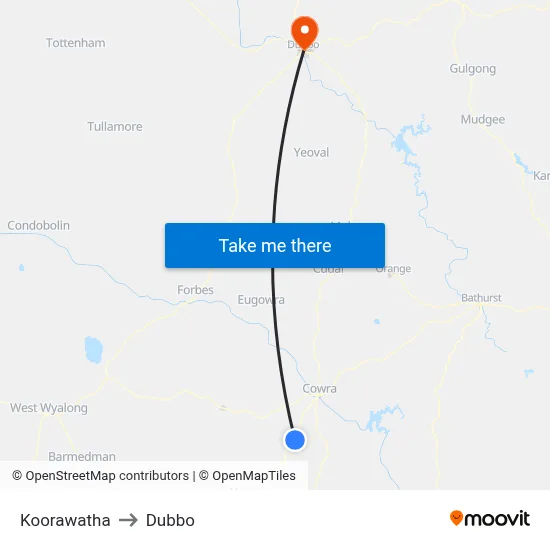 Koorawatha to Dubbo map