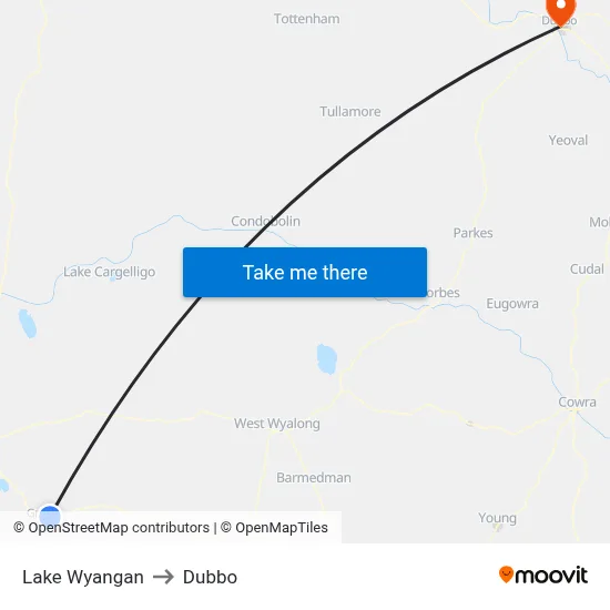 Lake Wyangan to Dubbo map