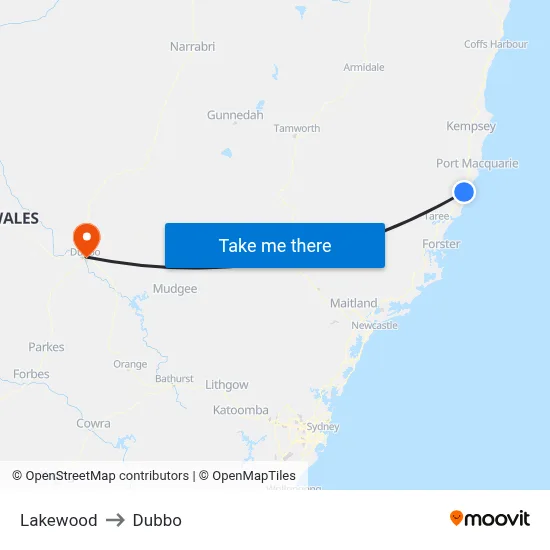 Lakewood to Dubbo map