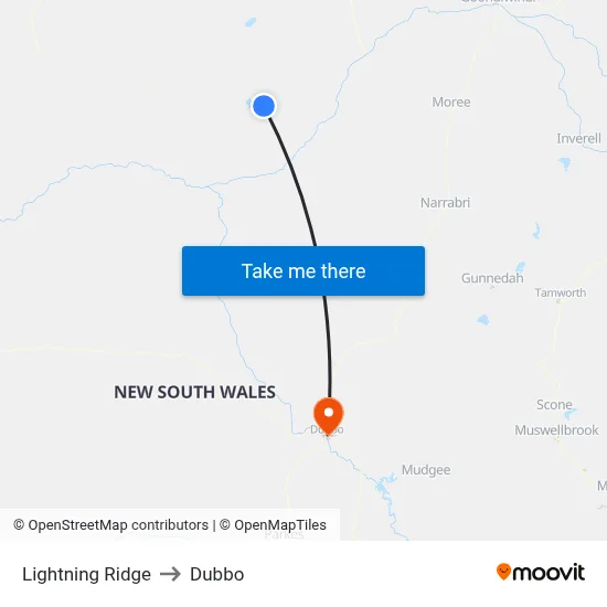 Lightning Ridge to Dubbo map