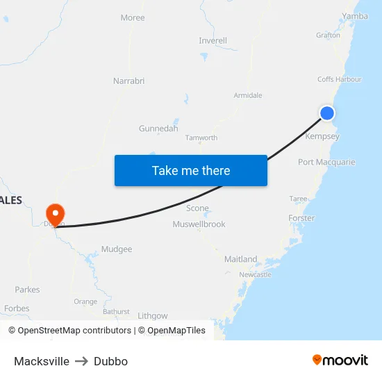 Macksville to Dubbo map