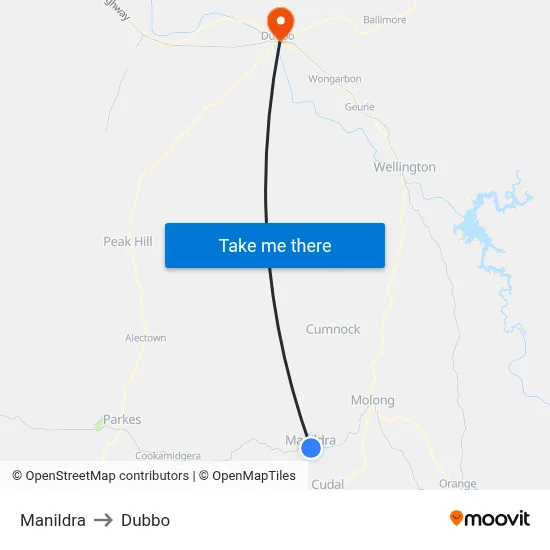 Manildra to Dubbo map