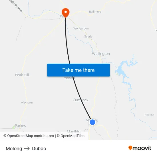 Molong to Dubbo map