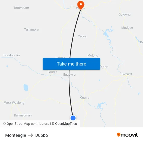 Monteagle to Dubbo map