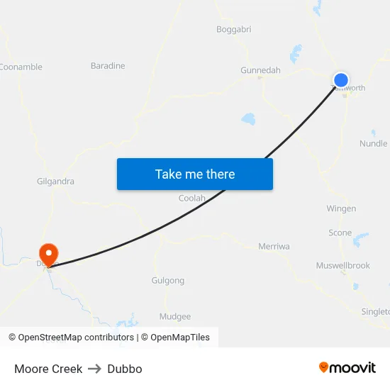 Moore Creek to Dubbo map