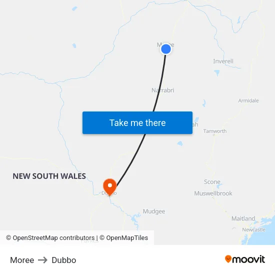 Moree to Dubbo map