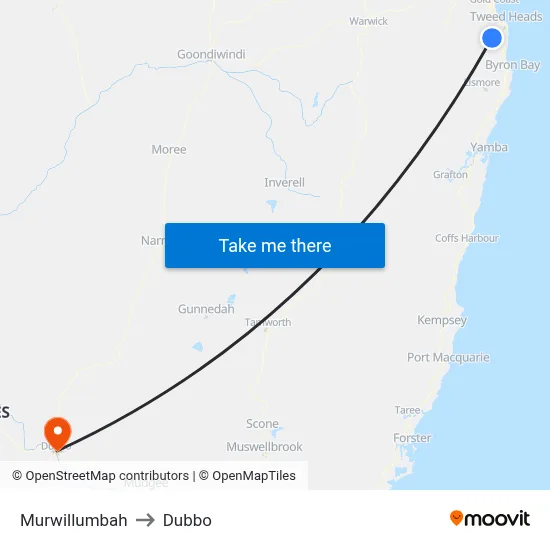 Murwillumbah to Dubbo map