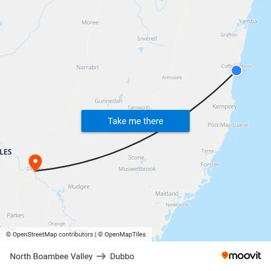 North Boambee Valley to Dubbo map