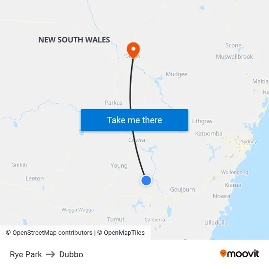 Rye Park to Dubbo map