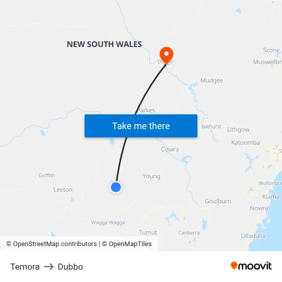 Temora to Dubbo map