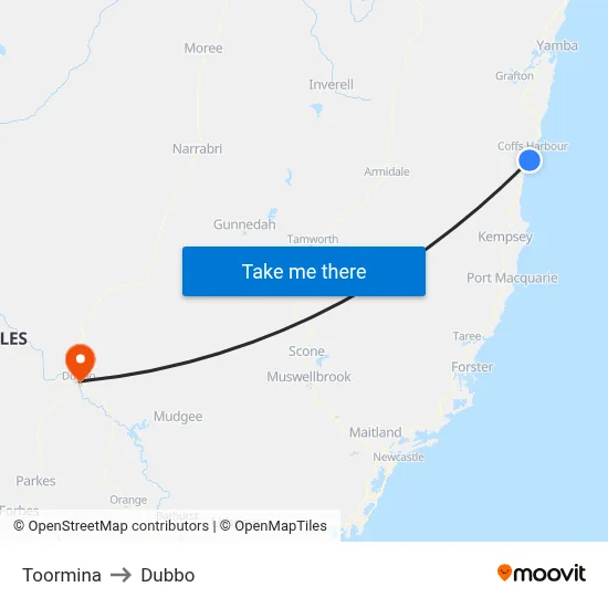 Toormina to Dubbo map