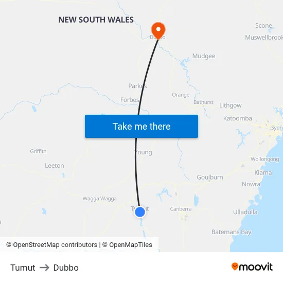 Tumut to Dubbo map