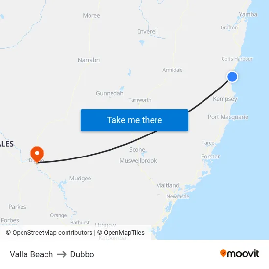 Valla Beach to Dubbo map