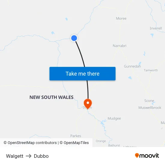 Walgett to Dubbo map