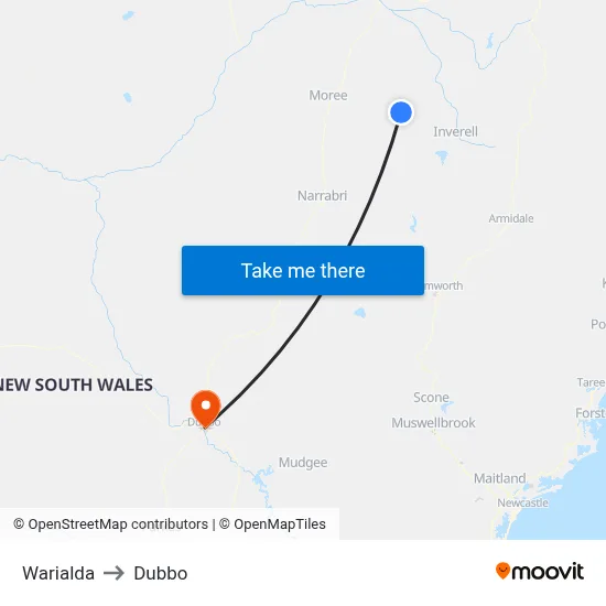 Warialda to Dubbo map