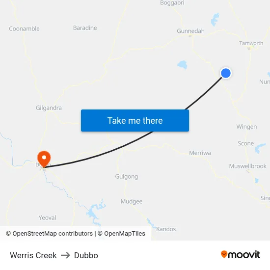 Werris Creek to Dubbo map