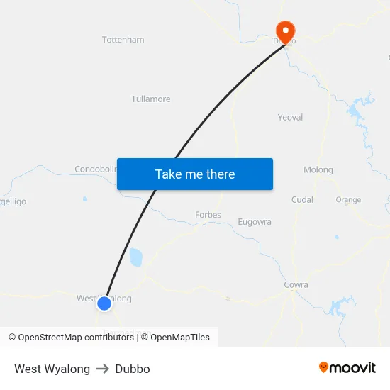 West Wyalong to Dubbo map